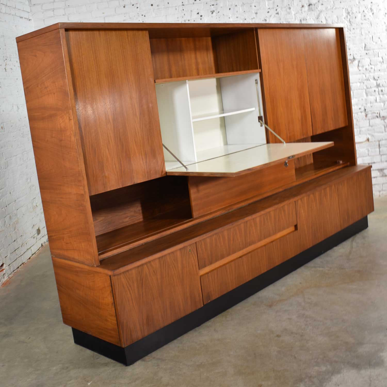 Teak Mid Century Modern Wall Storage Bookcase Cabinet with Drop Front Desk