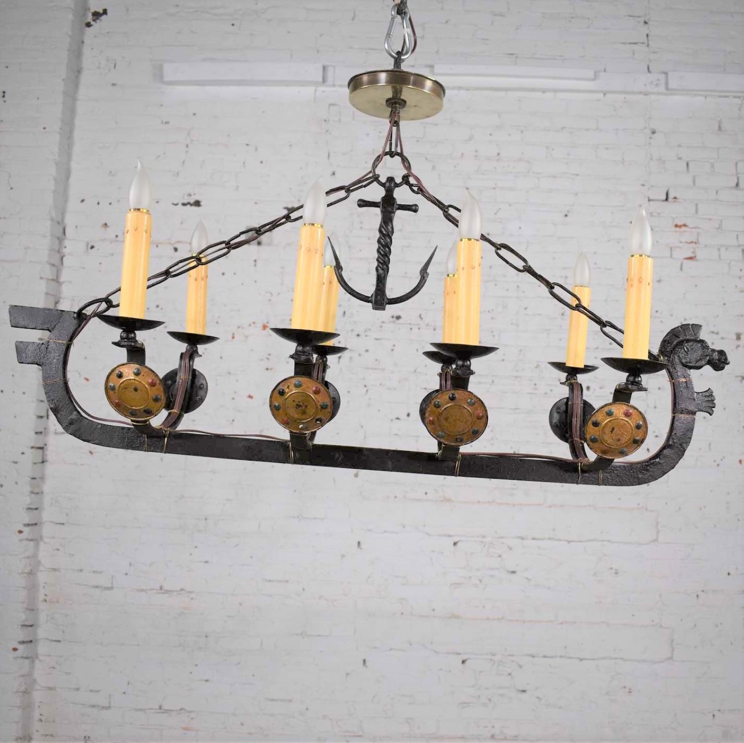 Antique Viking Longboat Ship Cast Iron Chandelier with Horse Head and Shields
