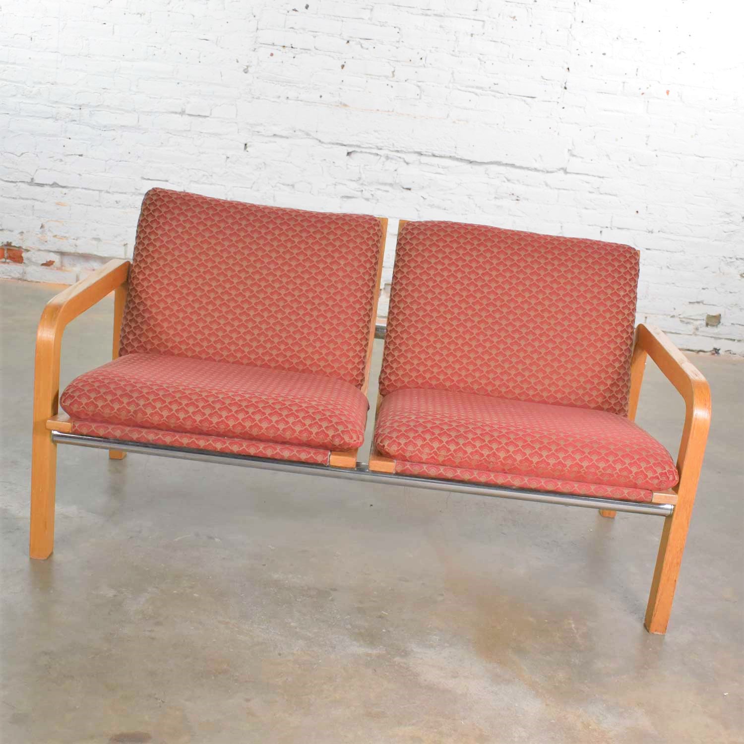 Vintage Modern Oak Bentwood and Chrome Two-Seat Settee or Bench Thonet Attributed