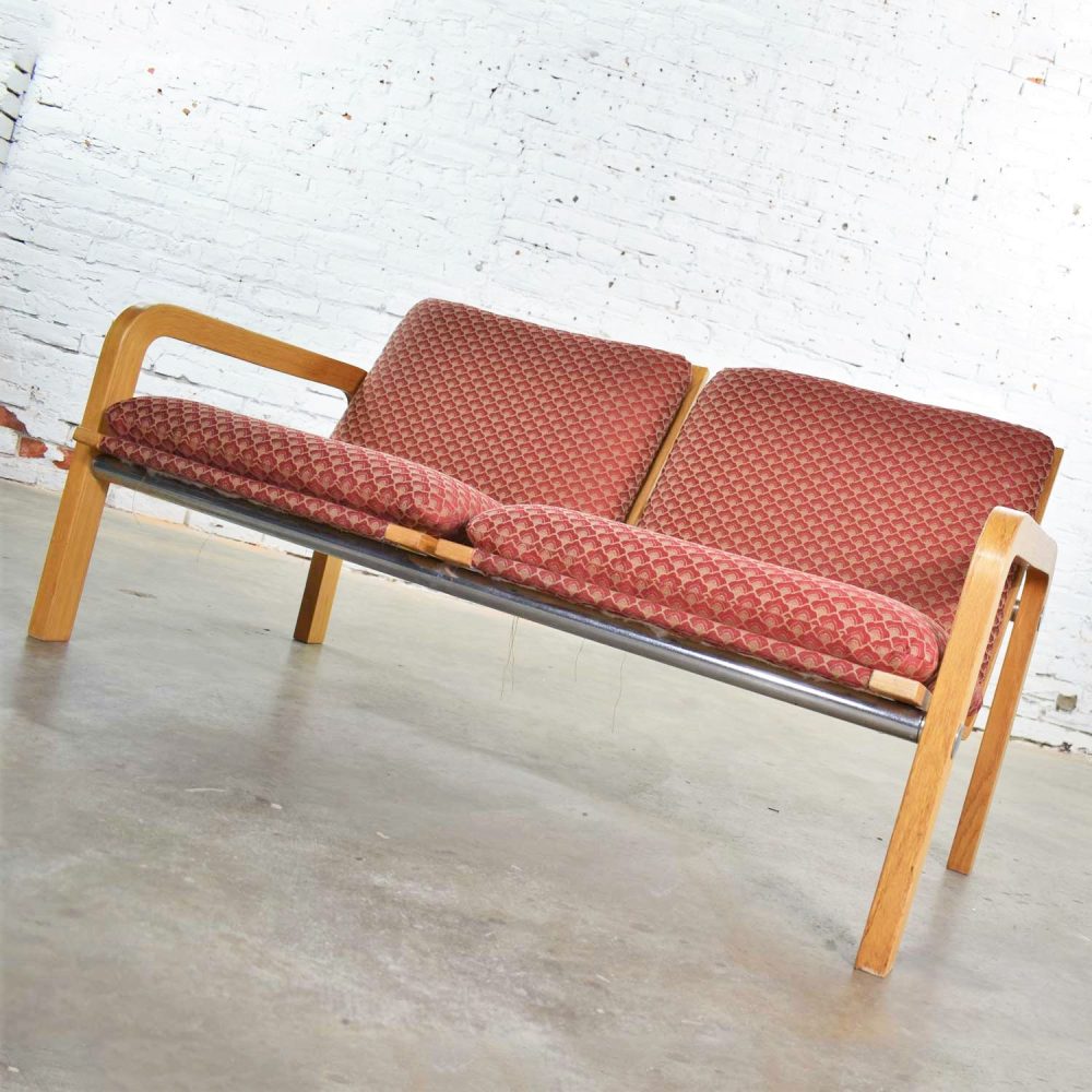 Vintage Modern Oak Bentwood and Chrome Two-Seat Settee or Bench Thonet Attributed