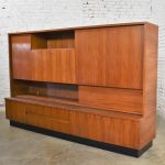 Teak Mid Century Modern Wall Storage Bookcase Cabinet with Drop Front Desk