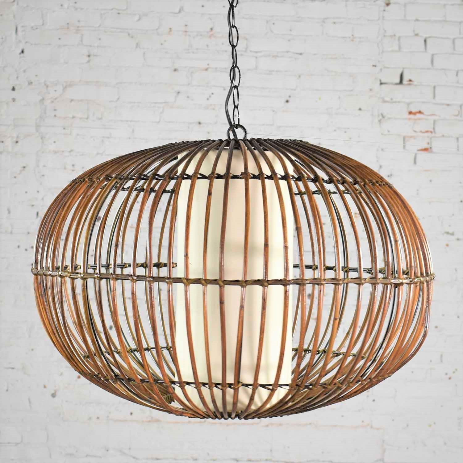 Vintage MCM Rattan Cage Pendant Chandelier with Interior Shade after Franco Albini