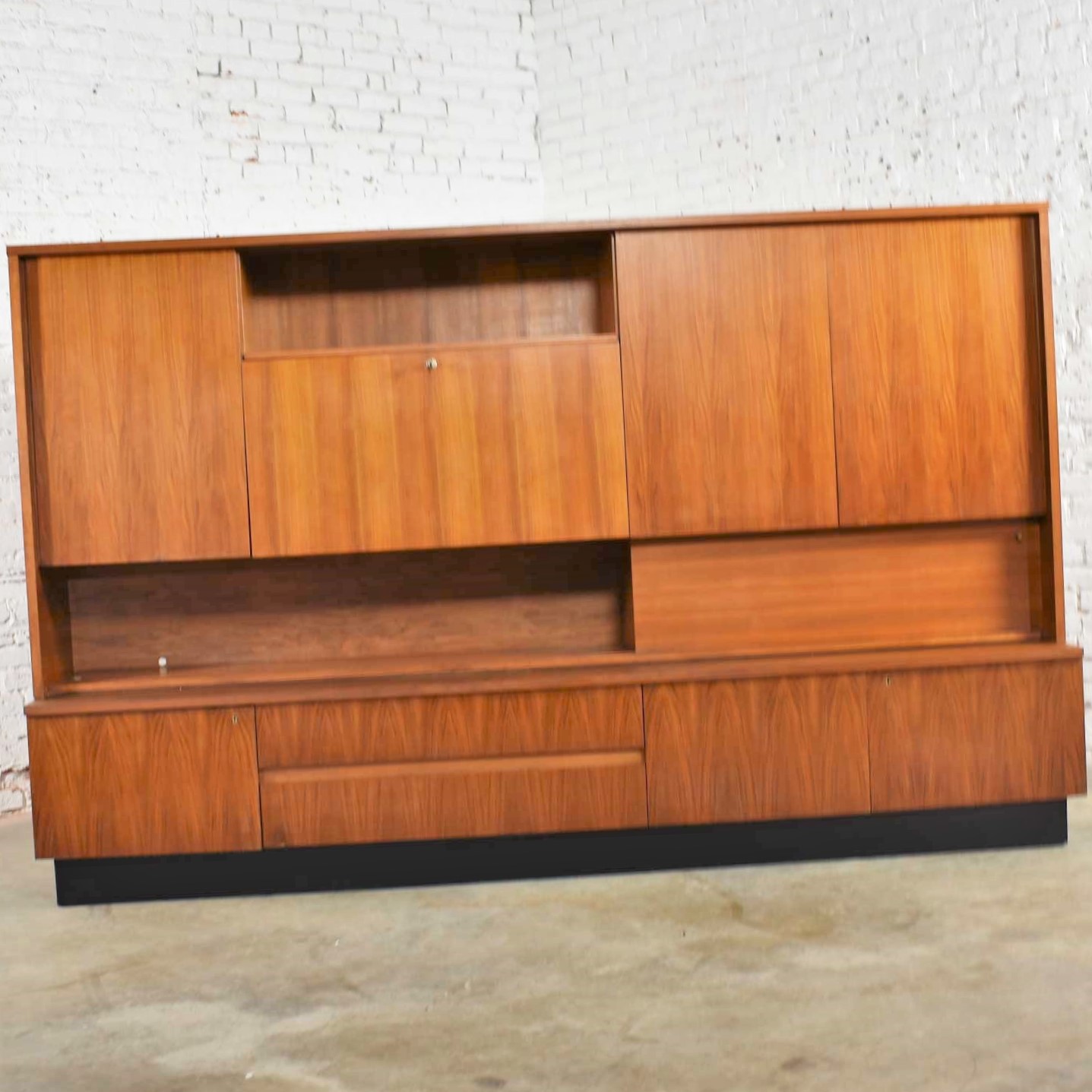 Teak Mid Century Modern Wall Storage Bookcase Cabinet with Drop Front Desk