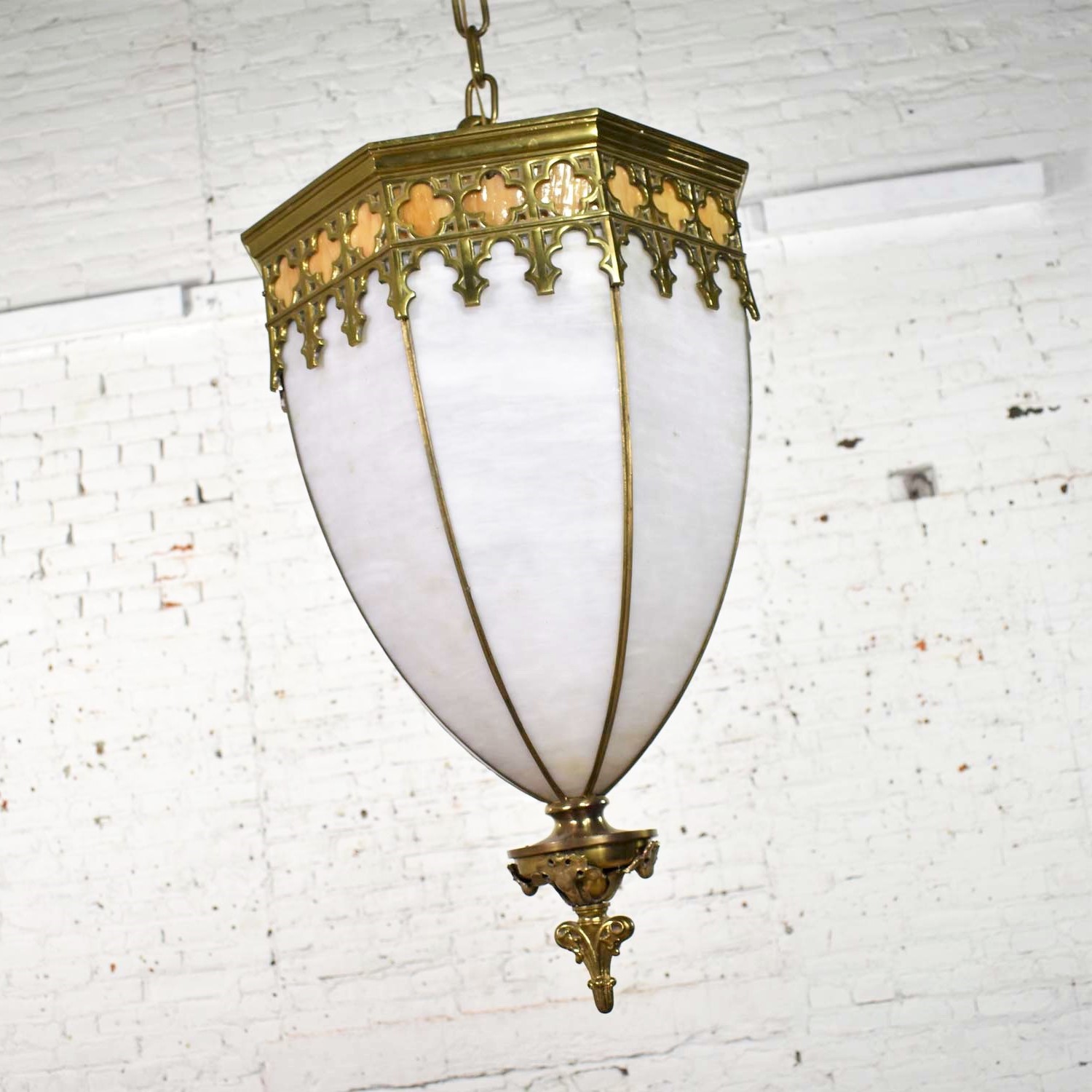 Antique Gothic Style Slag Glass and Brass Octagon Chandelier Pendant Light, 2 Available