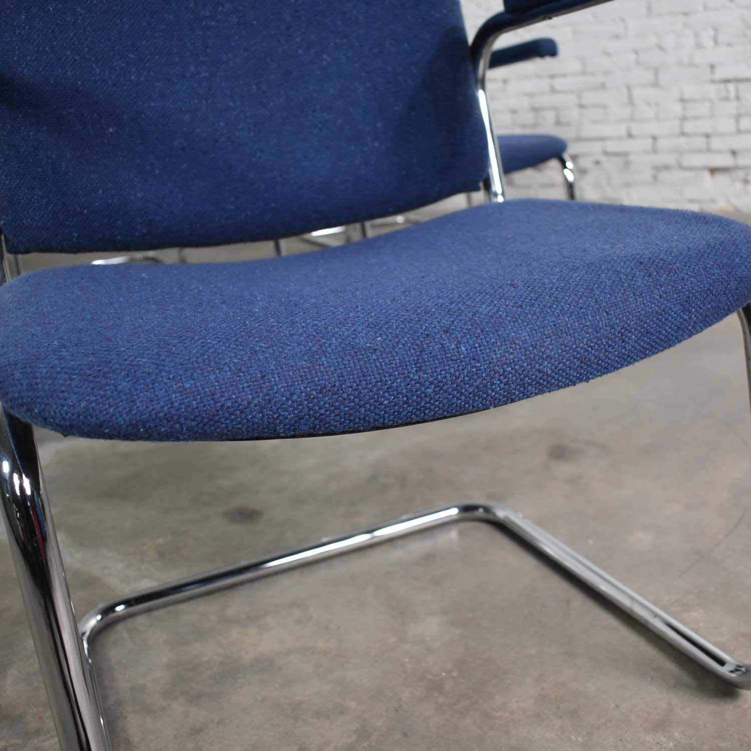 Vintage Tubular Chrome and Blue Fabric Cantilever Lounge Chair with Arms, 7 Available