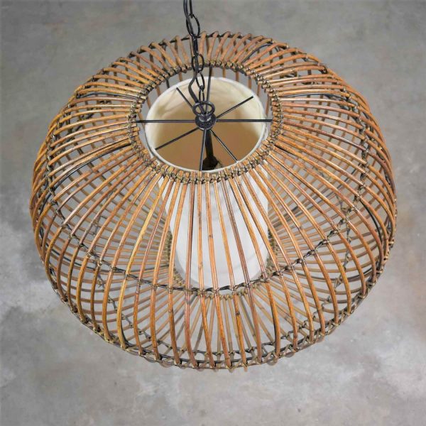 Vintage MCM Rattan Cage Pendant Chandelier with Interior Shade after Franco Albini