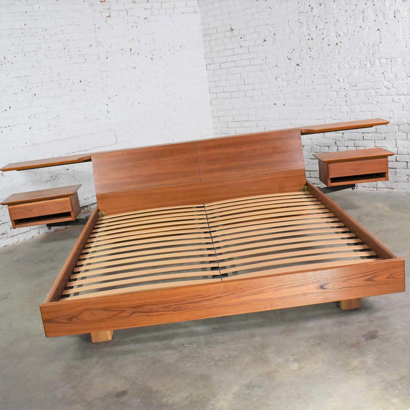 Teak Scandinavian Modern Cal King Storage Platform Bed & Swing-Arm Nightstands by Dyrlund