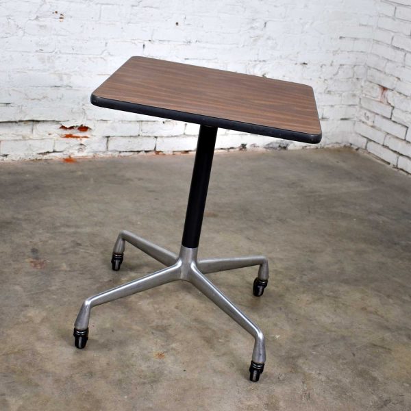 Vintage Eames for Herman Miller Square Rolling Side Table Universal Base Faux Wood Grain Laminate Top