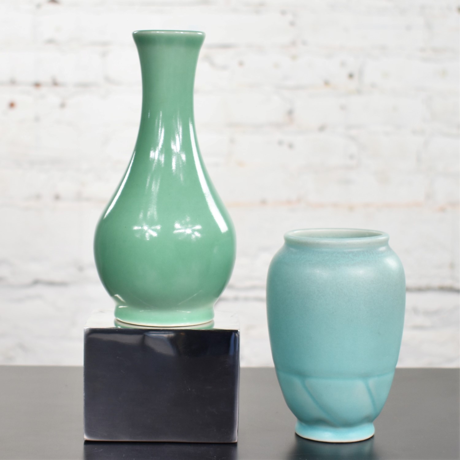 Pair of Petite Rookwood Pottery Arts & Crafts Vases 1 Sea Green & 1 Turquoise