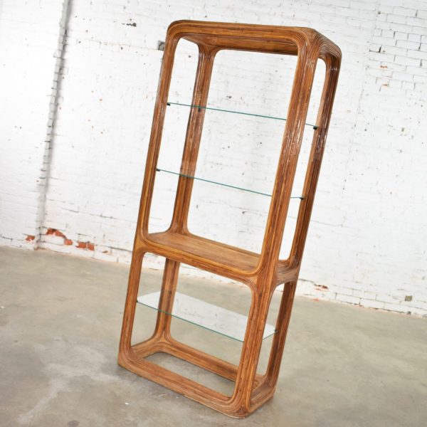 Organic Modern Pencil Reed Rattan Etagere with Glass Shelves Style of Gabriella Crespi