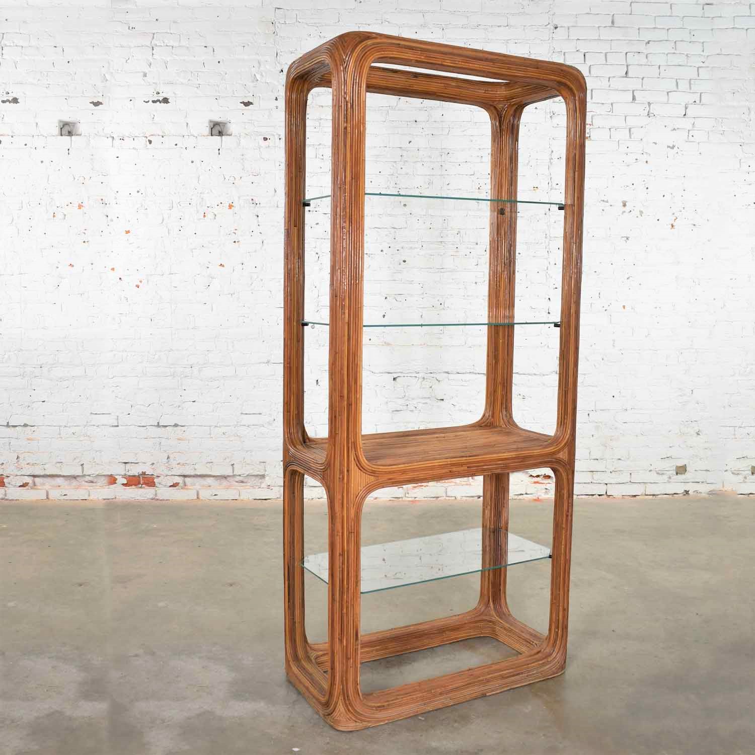 Organic Modern Pencil Reed Rattan Etagere With Glass Shelves Style