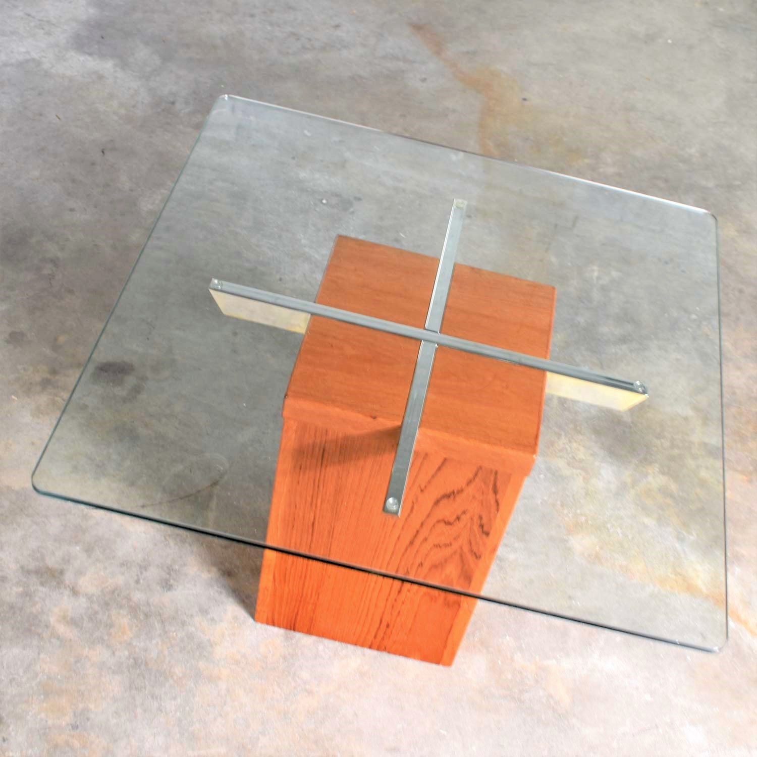Mid Century Scandinavian Modern Square Teak Chrome and Glass Side Table