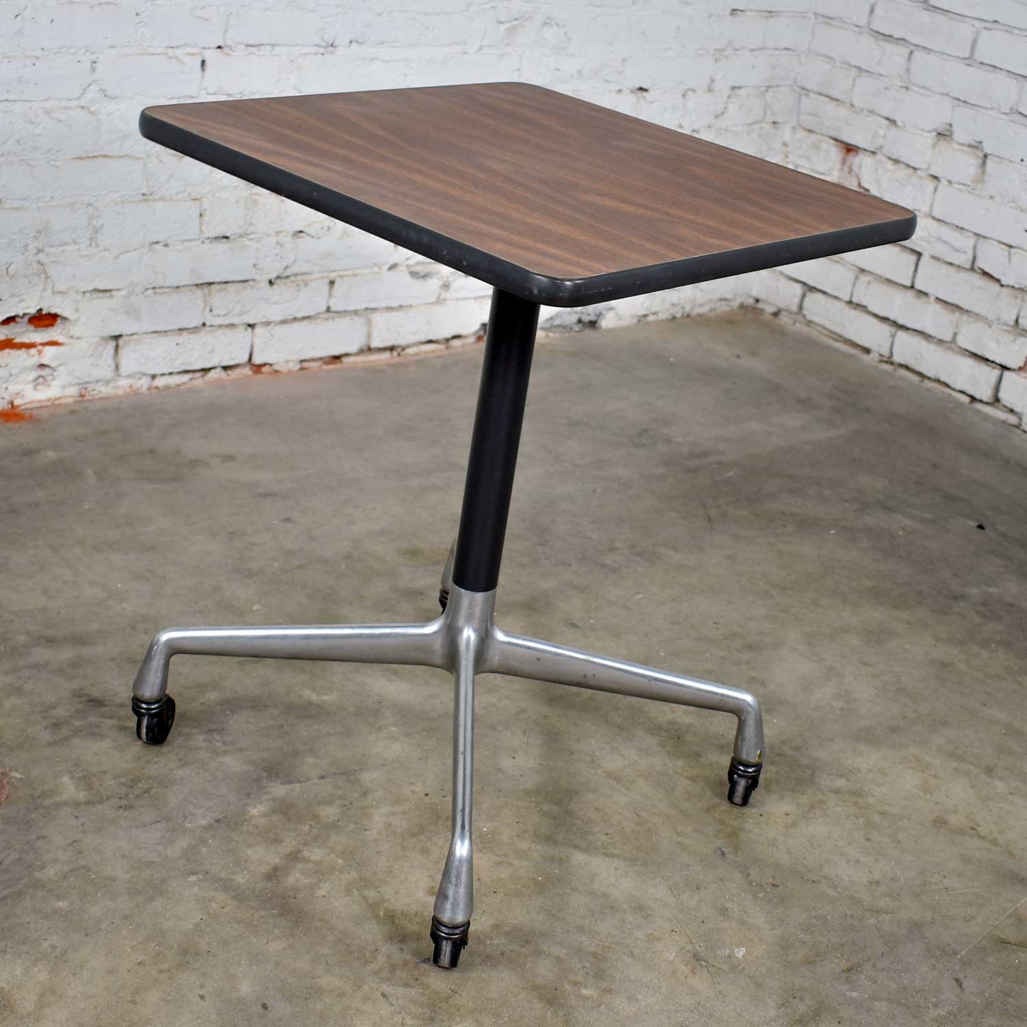 Vintage Eames for Herman Miller Square Rolling Side Table Universal Base Faux Wood Grain Laminate Top