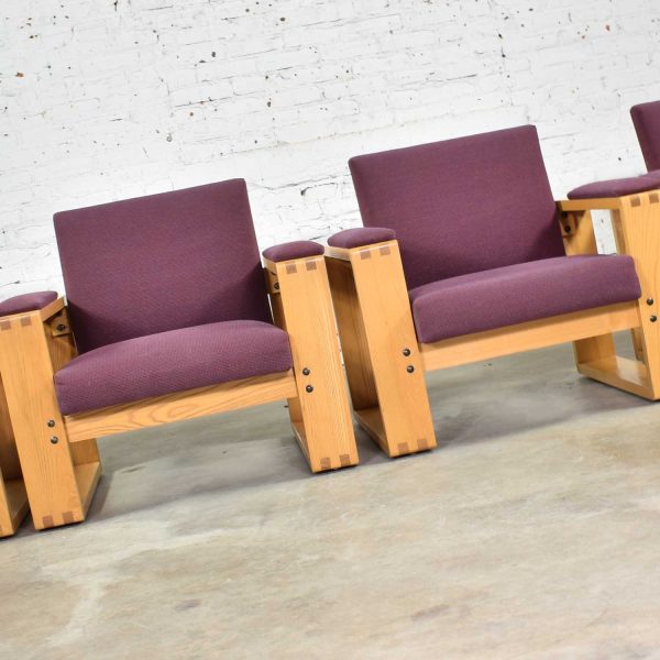 Pair Modern Open Frame Club Chairs with Floating Seat in Oak and Aubergine Fabric