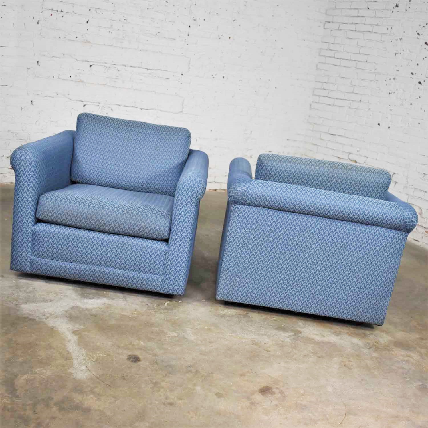 Pair of Vintage Rolled Arm Tuxedo Style Cube Club Chairs Art Deco Hollywood Regency Style