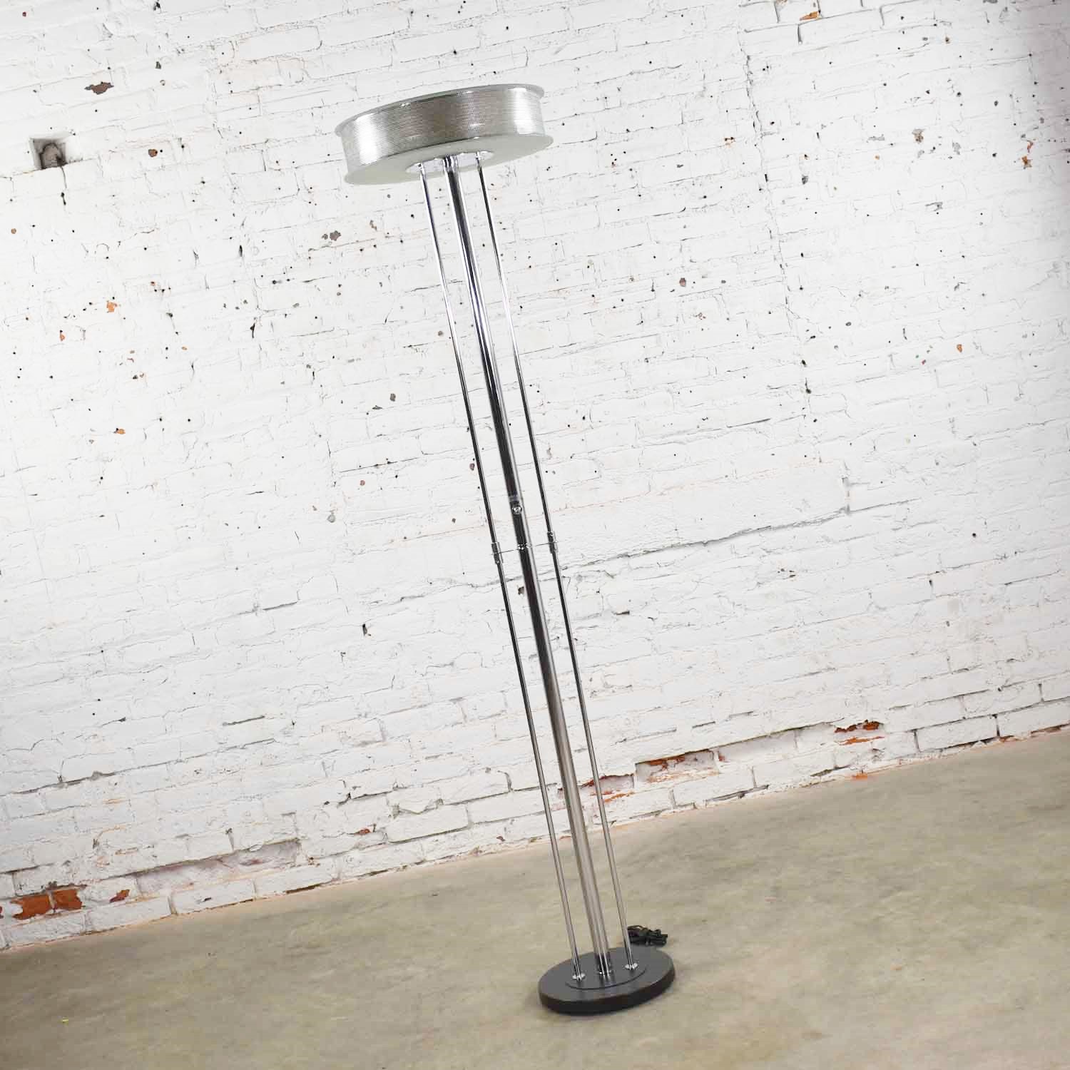 Vintage Modern Chrome Triple Shaft Floor Lamp with Perforated Metal Ring & Glass Disc