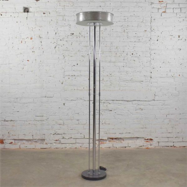 Vintage Modern Chrome Triple Shaft Floor Lamp with Perforated Metal Ring & Glass Disc