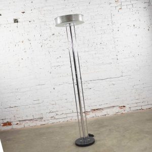 Vintage Modern Chrome Triple Shaft Floor Lamp with Perforated Metal Ring & Glass Disc