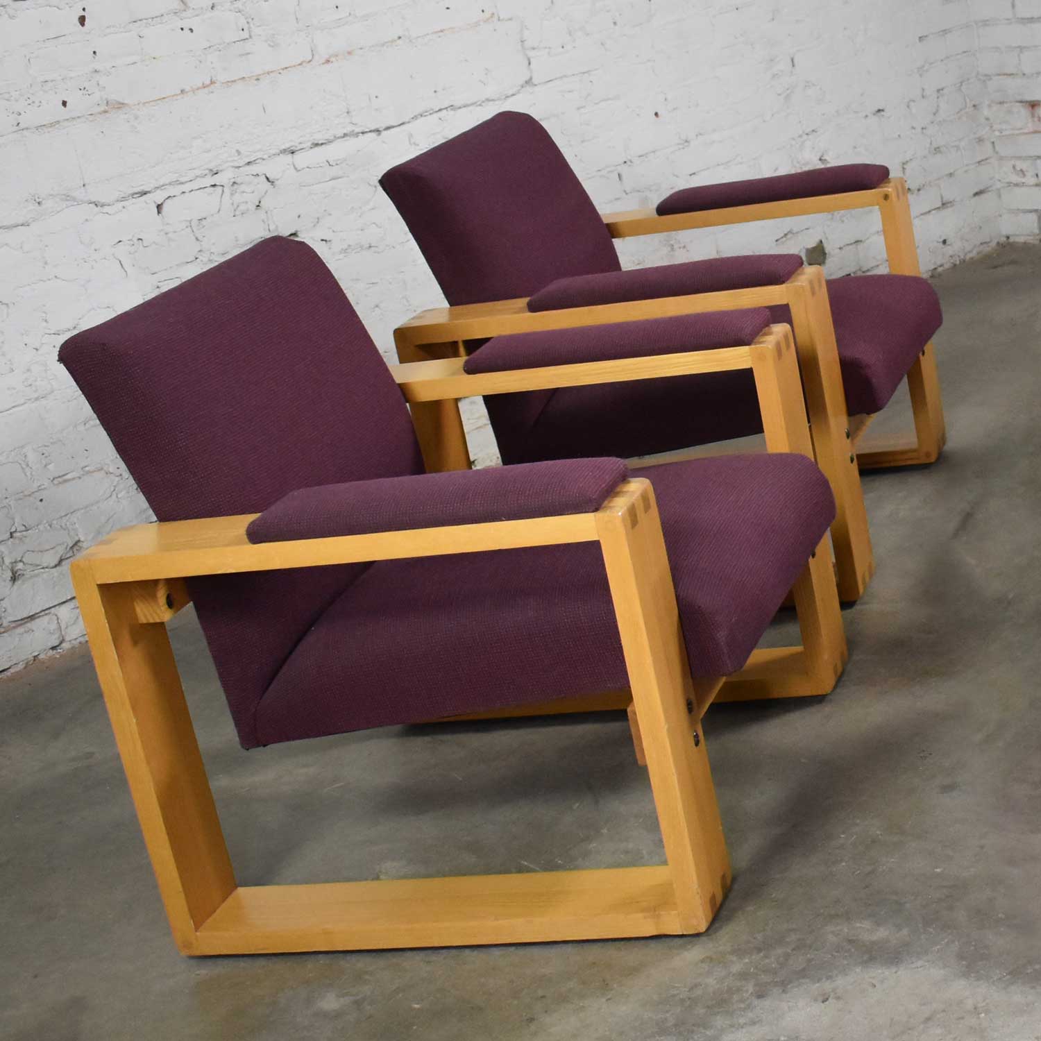Pair Modern Open Frame Club Chairs with Floating Seat in Oak and Aubergine Fabric