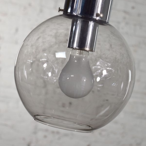 Mid Century Modern Chrome & Smoked Glass Open Globe Pendant Light Chrome Chain