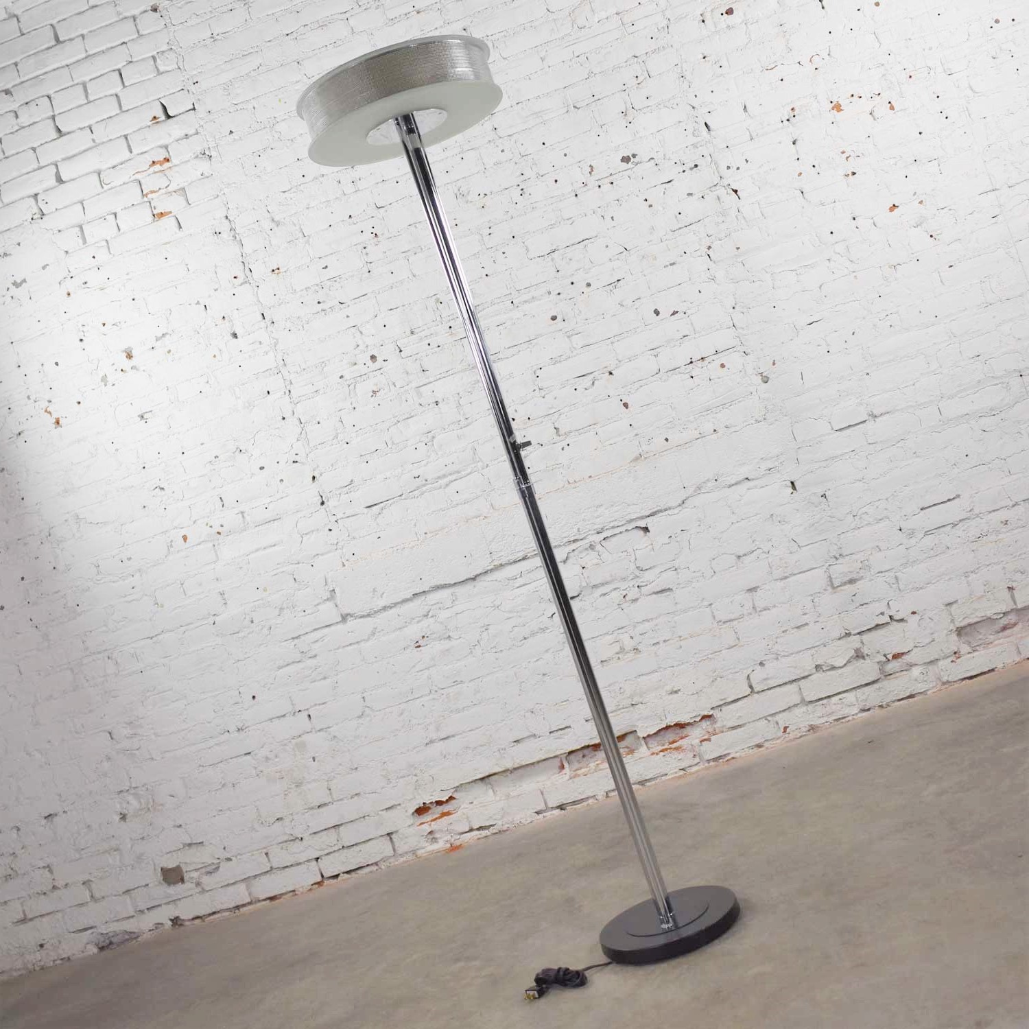 Vintage Modern Chrome Triple Shaft Floor Lamp with Perforated Metal Ring & Glass Disc