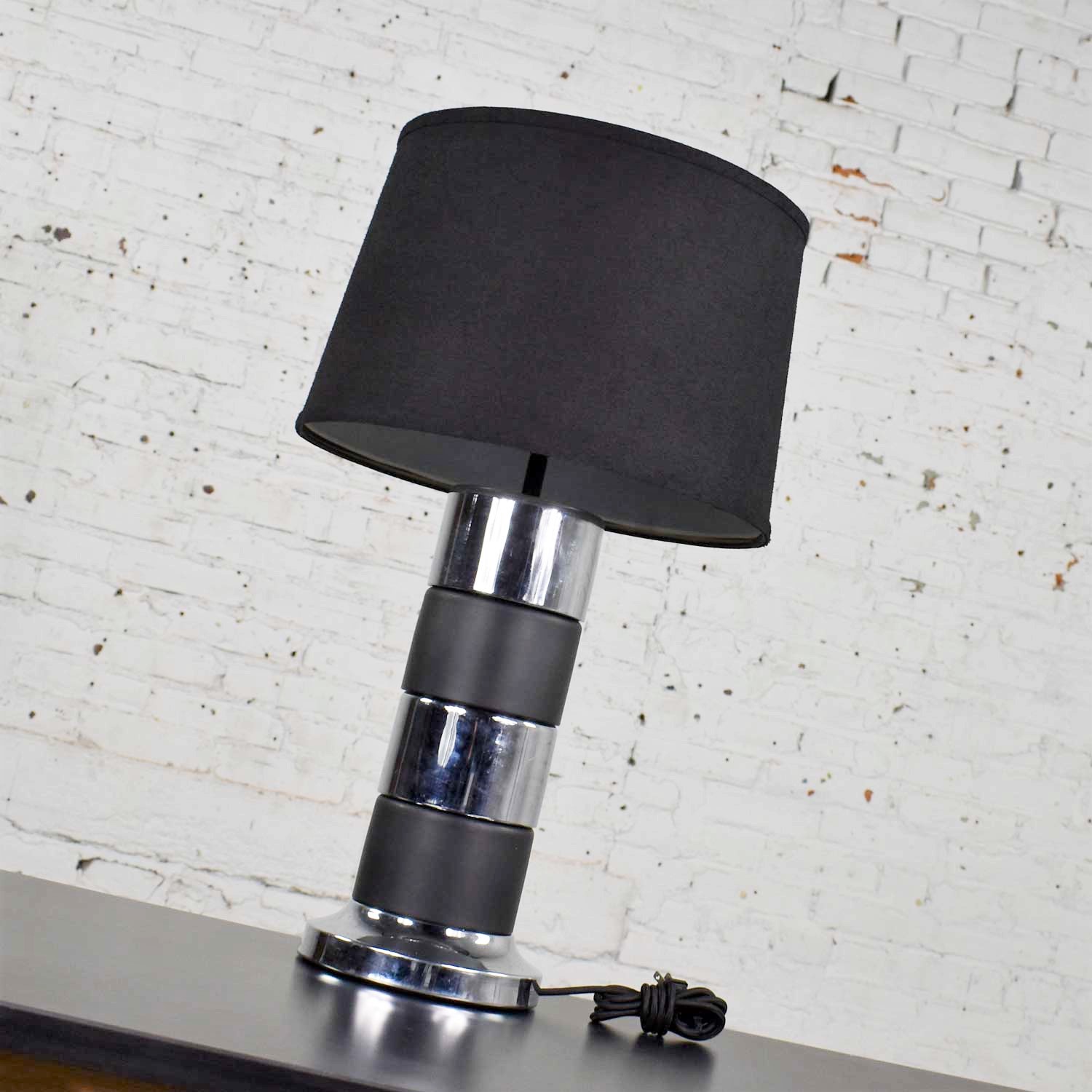 Art Deco Style Chrome and Black Horizontal Stripe Cylindrical Table Lamp Black Shade