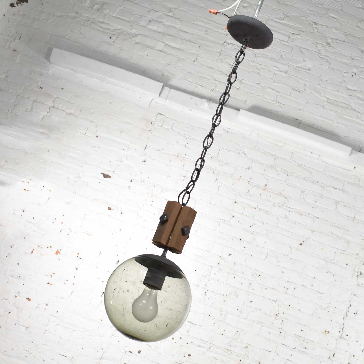 Mid Century Modern NOS Wood & Smoked Glass Globe Pendant Light Black Chain