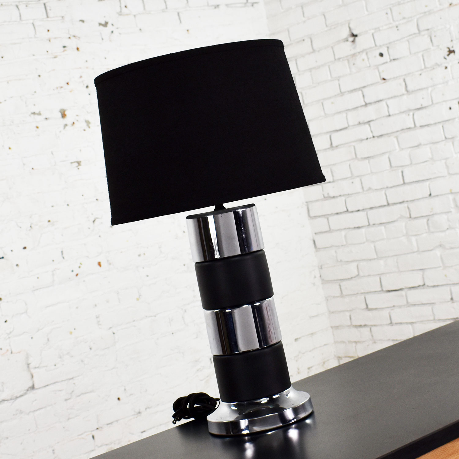 Art Deco Style Chrome and Black Horizontal Stripe Cylindrical Table Lamp Black Shade