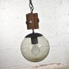 Mid Century Modern NOS Wood & Smoked Glass Globe Pendant Light Black Chain