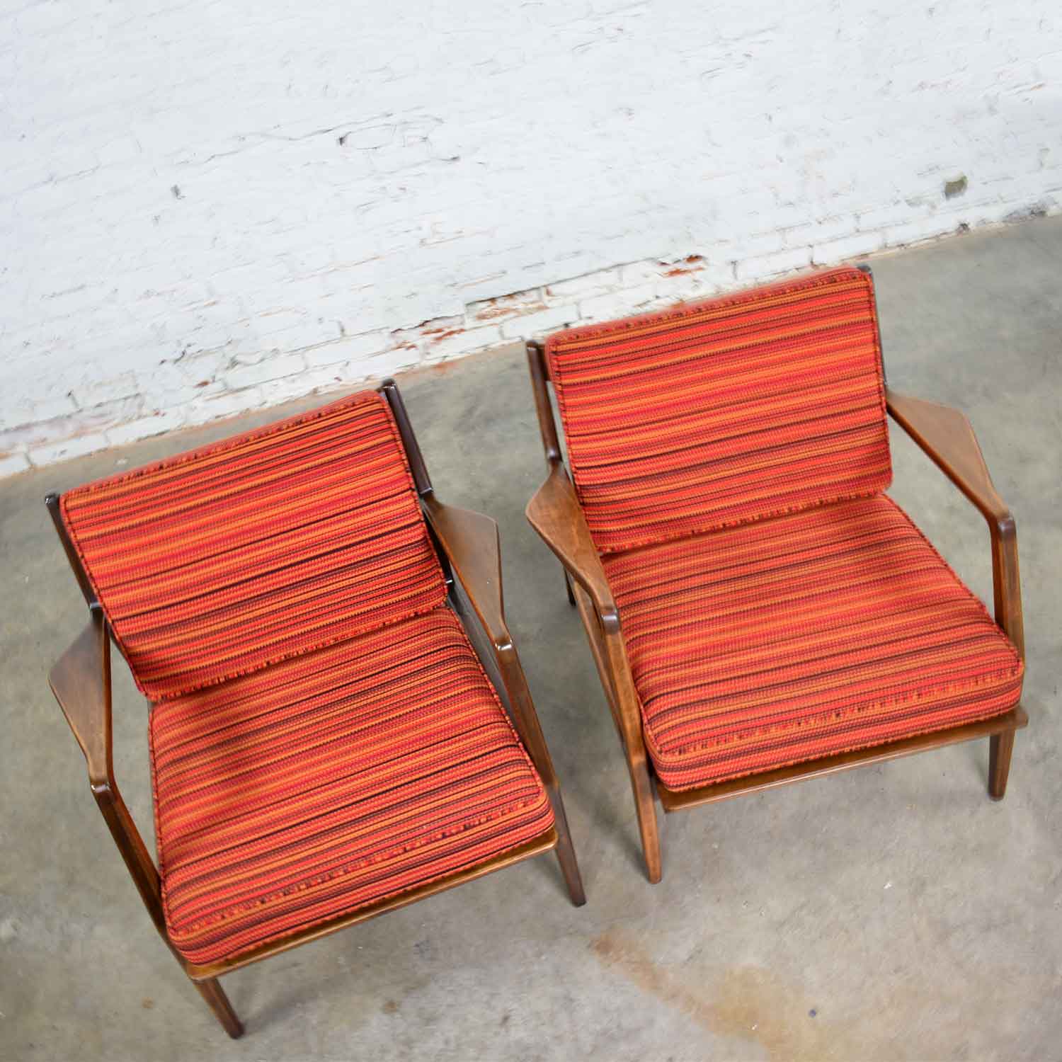 Scandinavian Modern Ib Kofod-Larsen Lounge Chairs for Selig in Red Stripe Fabric a Pair