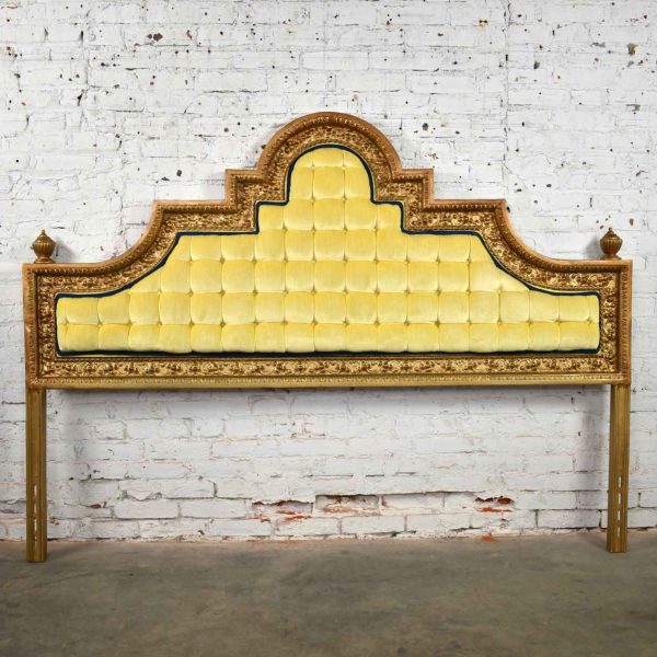 Hollywood Regency King Headboard of Gilded Cast Aluminum & Tufted Yellow Velvet by Kessler