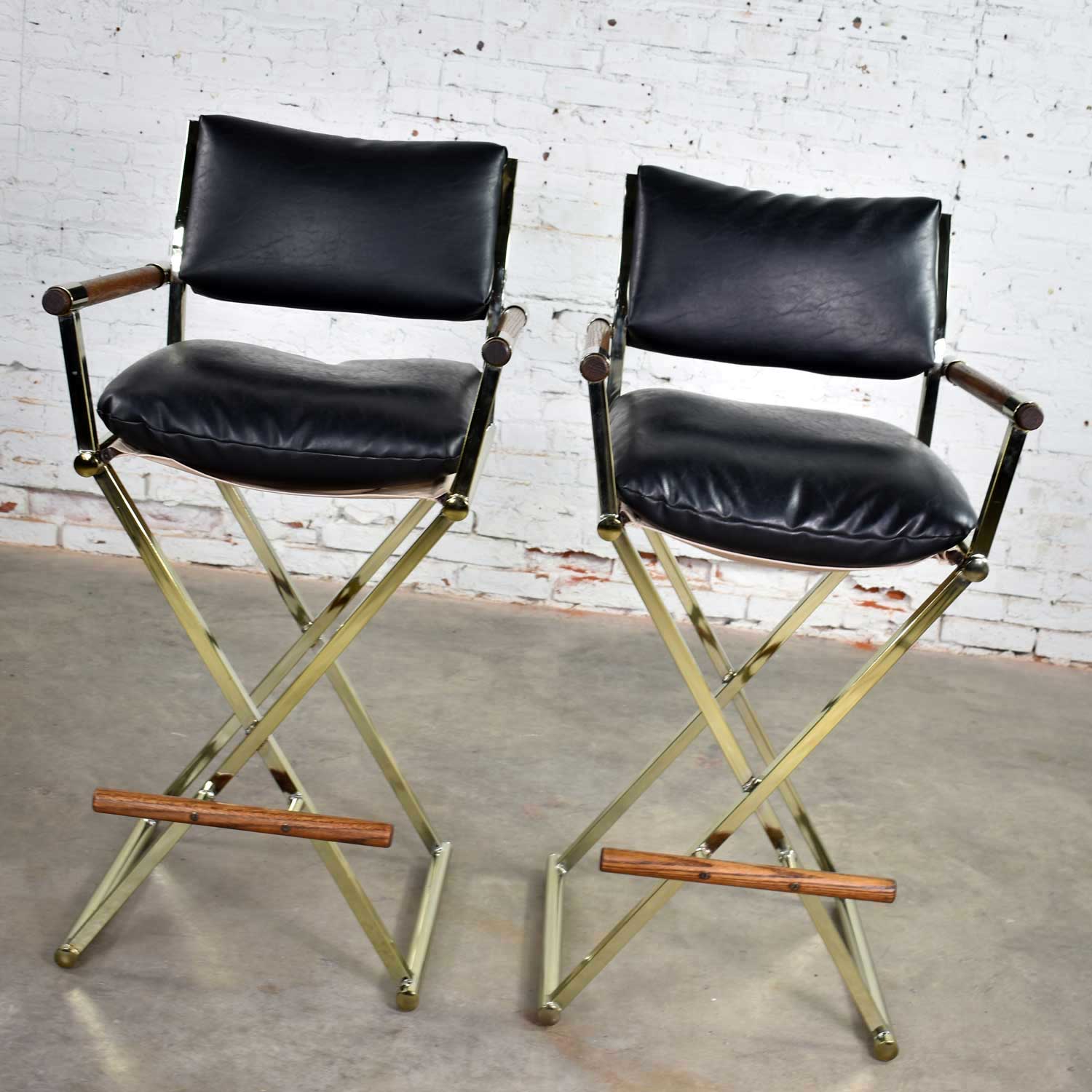 Vintage Pair Directors Chair Style Bar Stools Brass Plate Oak and Black Vinyl