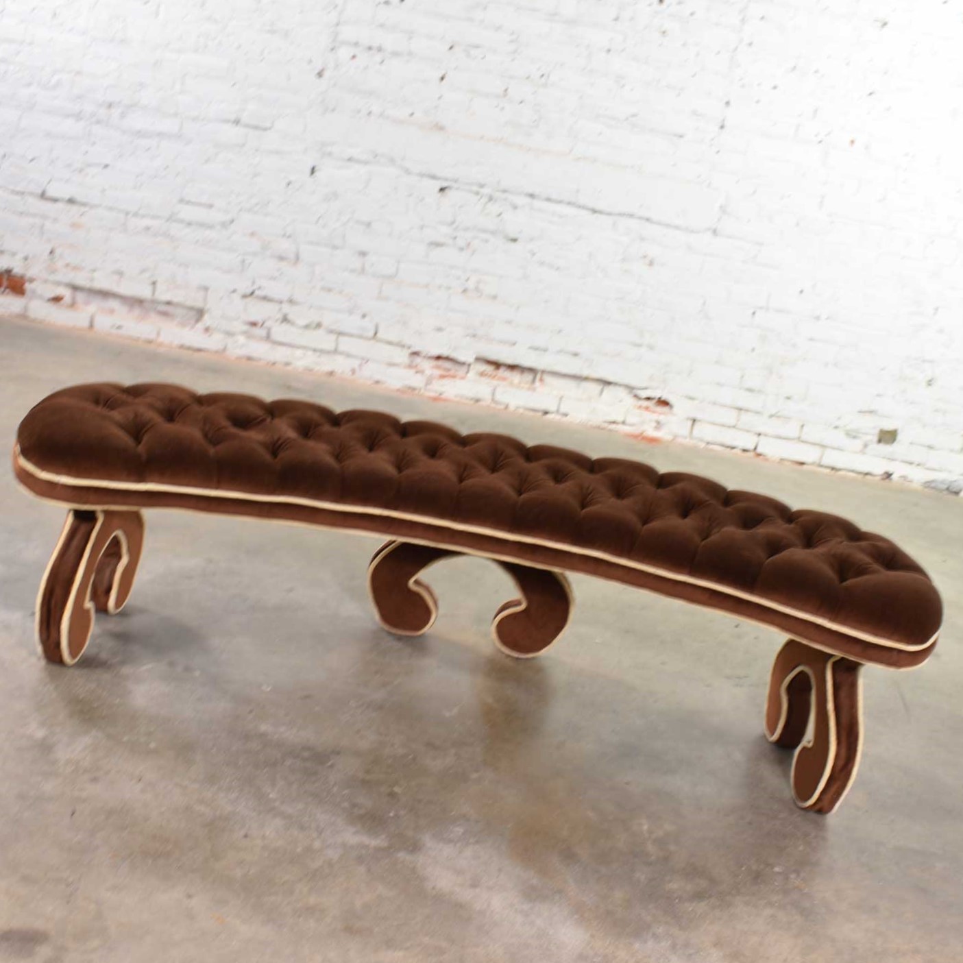 Hollywood Regency Curved Bench Fully Upholstered & Tufted in Cocoa Brown Velvet