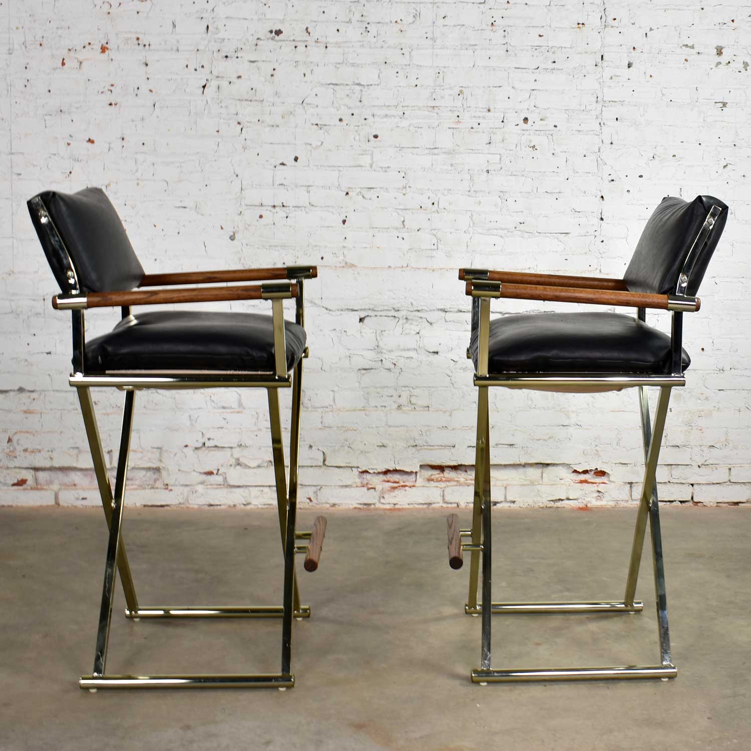 Vintage Pair Directors Chair Style Bar Stools Brass Plate Oak and Black Vinyl â warehouse 414