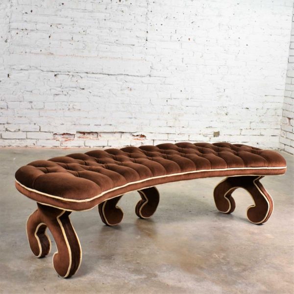 Hollywood Regency Curved Bench Fully Upholstered & Tufted in Cocoa Brown Velvet