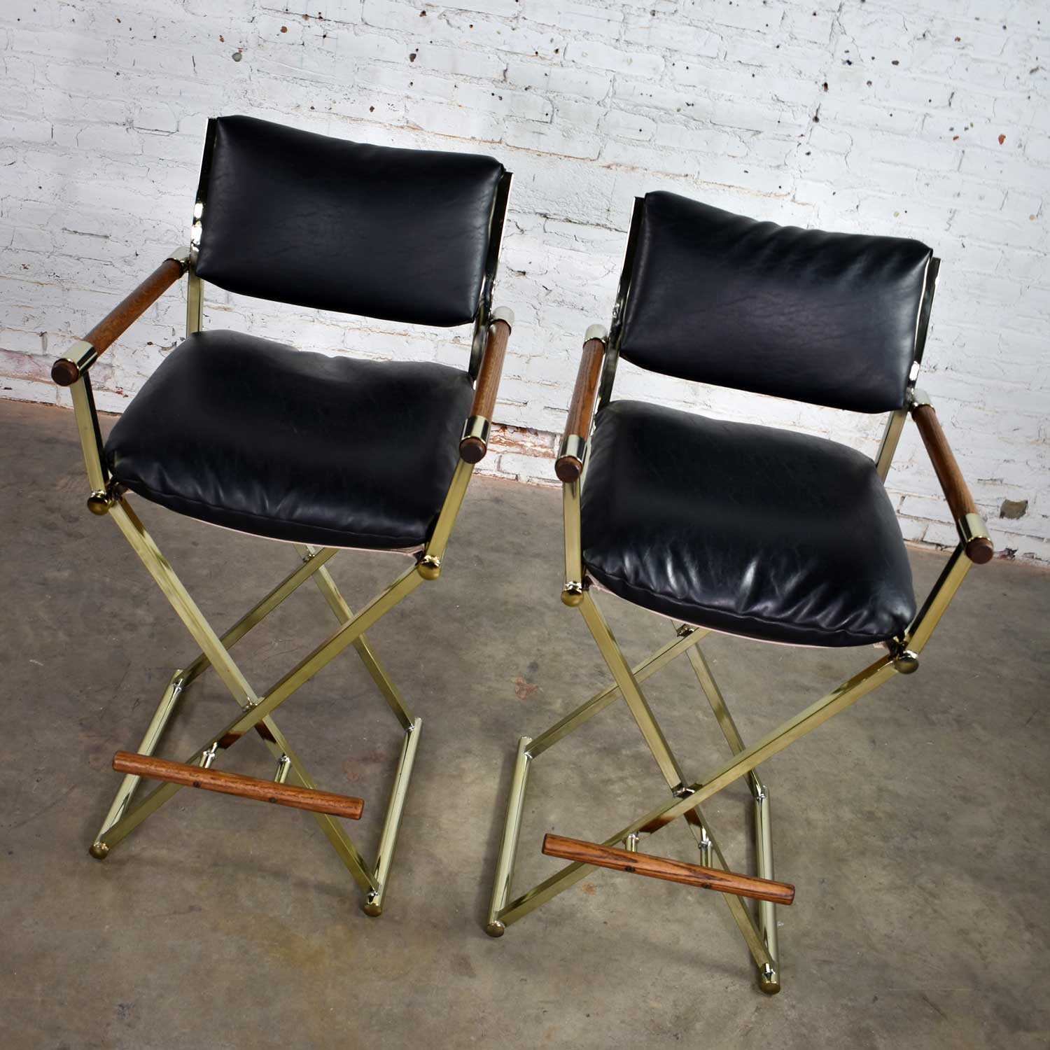 Vintage Pair Directors Chair Style Bar Stools Brass Plate Oak and Black