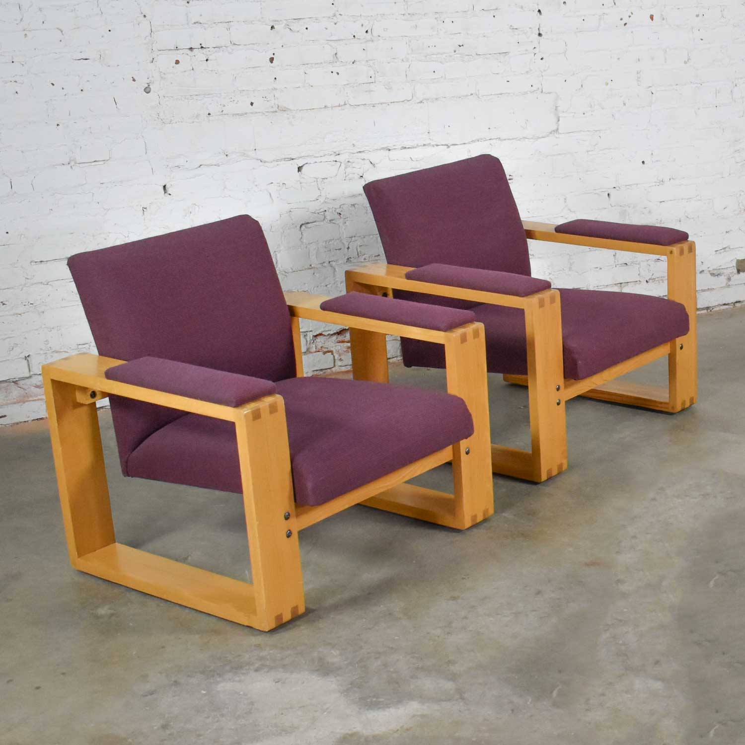 Pair Modern Open Frame Club Chairs with Floating Seat in Oak and Aubergine Fabric