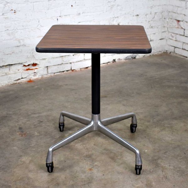 Vintage Eames for Herman Miller Square Rolling Side Table Universal Base Faux Wood Grain Laminate Top