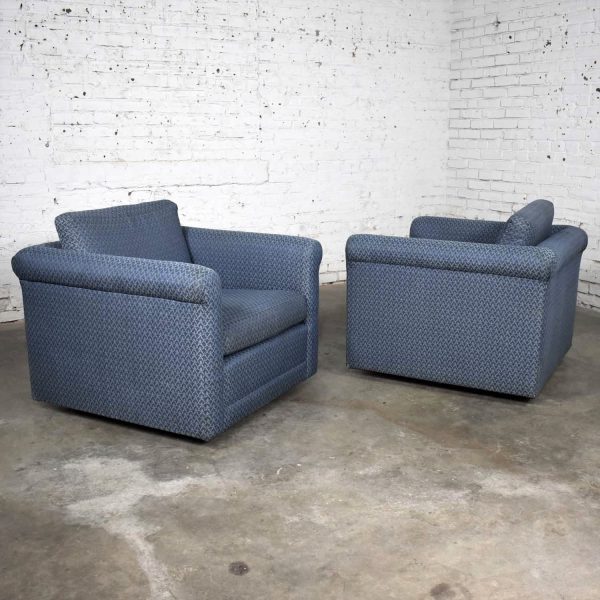 Pair of Vintage Rolled Arm Tuxedo Style Cube Club Chairs Art Deco Hollywood Regency Style