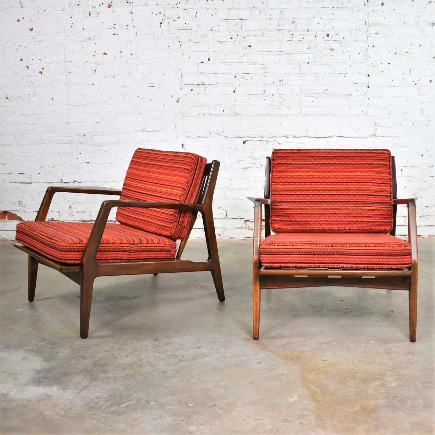 Scandinavian Modern Ib Kofod-Larsen Lounge Chairs for Selig in Red Stripe Fabric a Pair