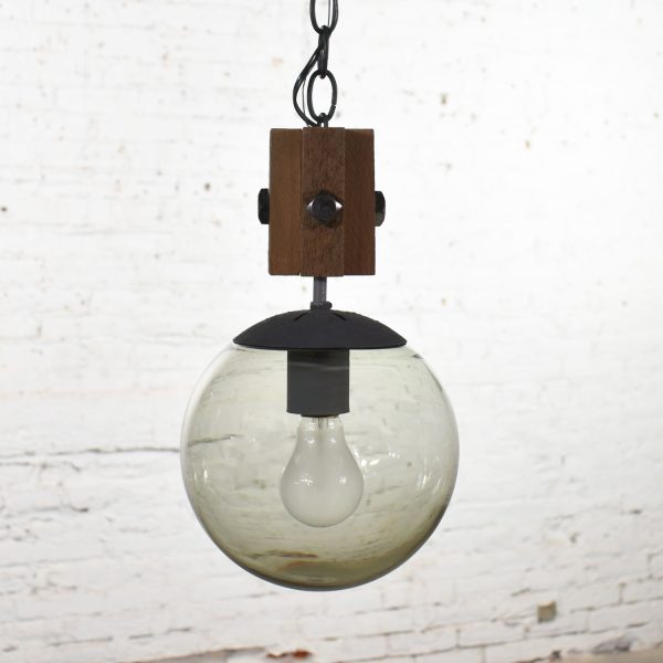 Mid Century Modern NOS Wood & Smoked Glass Globe Pendant Light Black Chain