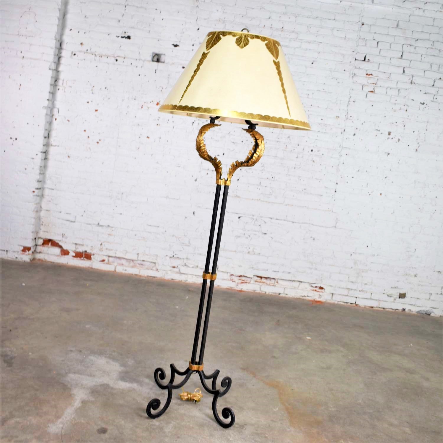 Monumental Neoclassical Style Iron Floor Lamp with Acanthus Leaf Design & Parchment Shade