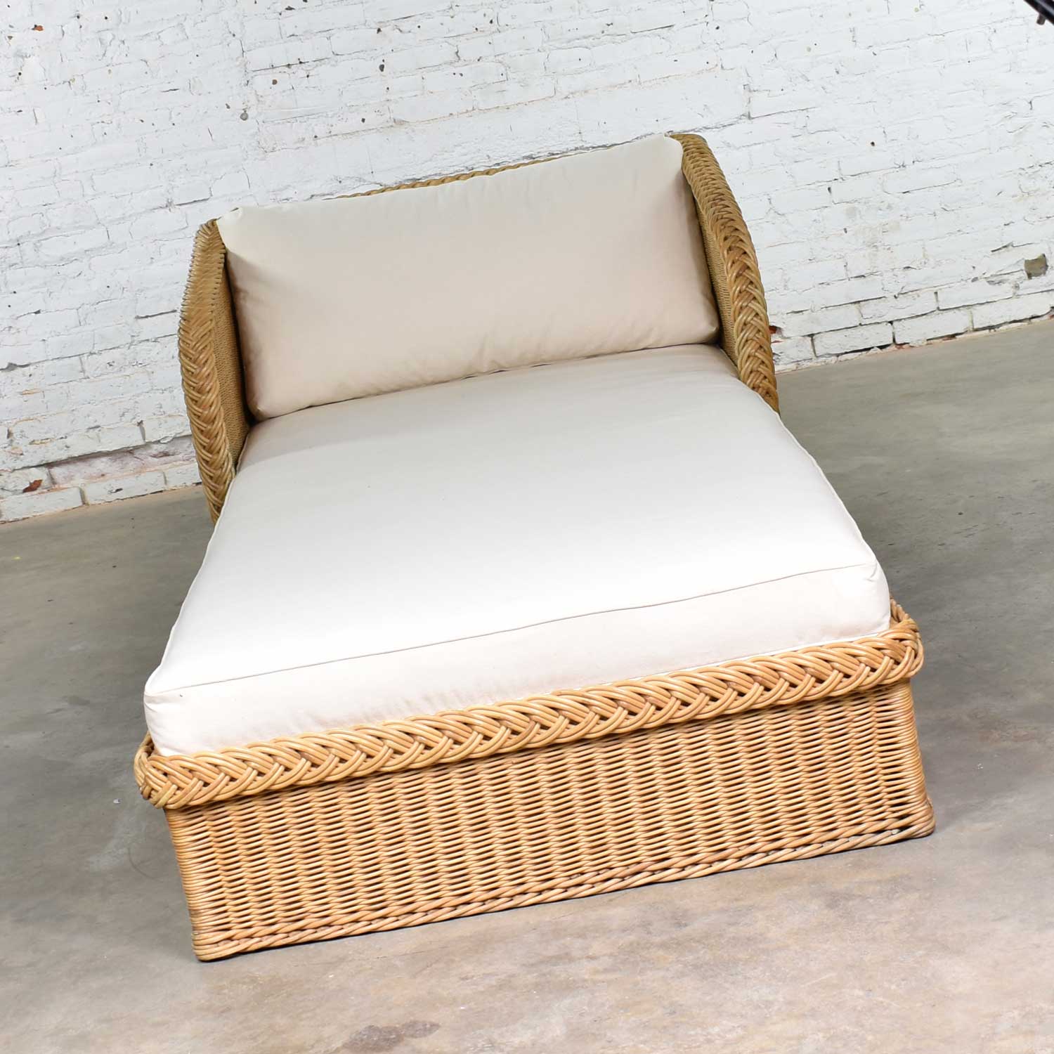 Wide Rattan Wicker Chaise by Bielecky Brothers, Inc. with New White Canvas Upholstery