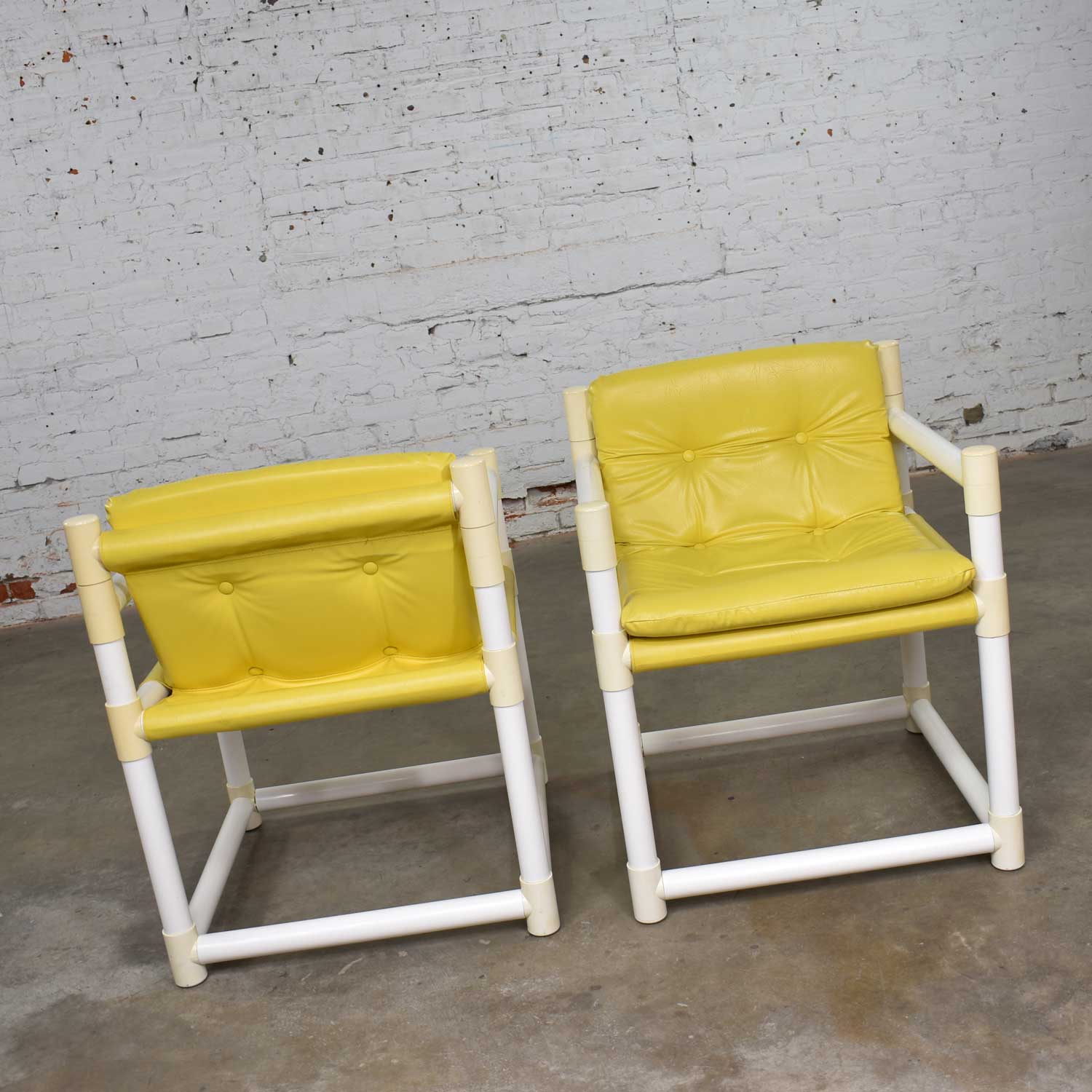 Pair MCM Outdoor PVC Side Chairs Yellow Vinyl Upholstery by Decorion Fun Furnishings .