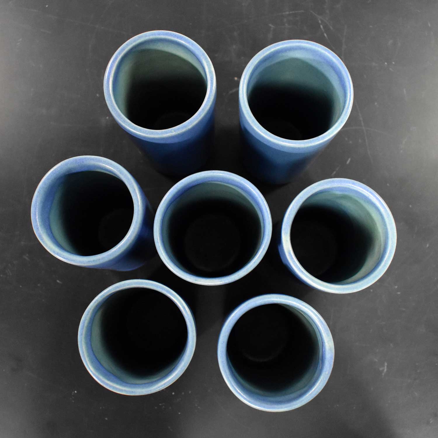 Van Briggle Pottery Dark Blue Cylindrical Tumblers Set of Seven or Vases