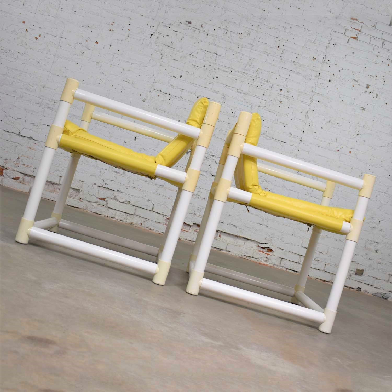 Pair MCM Outdoor PVC Side Chairs Yellow Vinyl Upholstery by Decorion Fun Furnishings