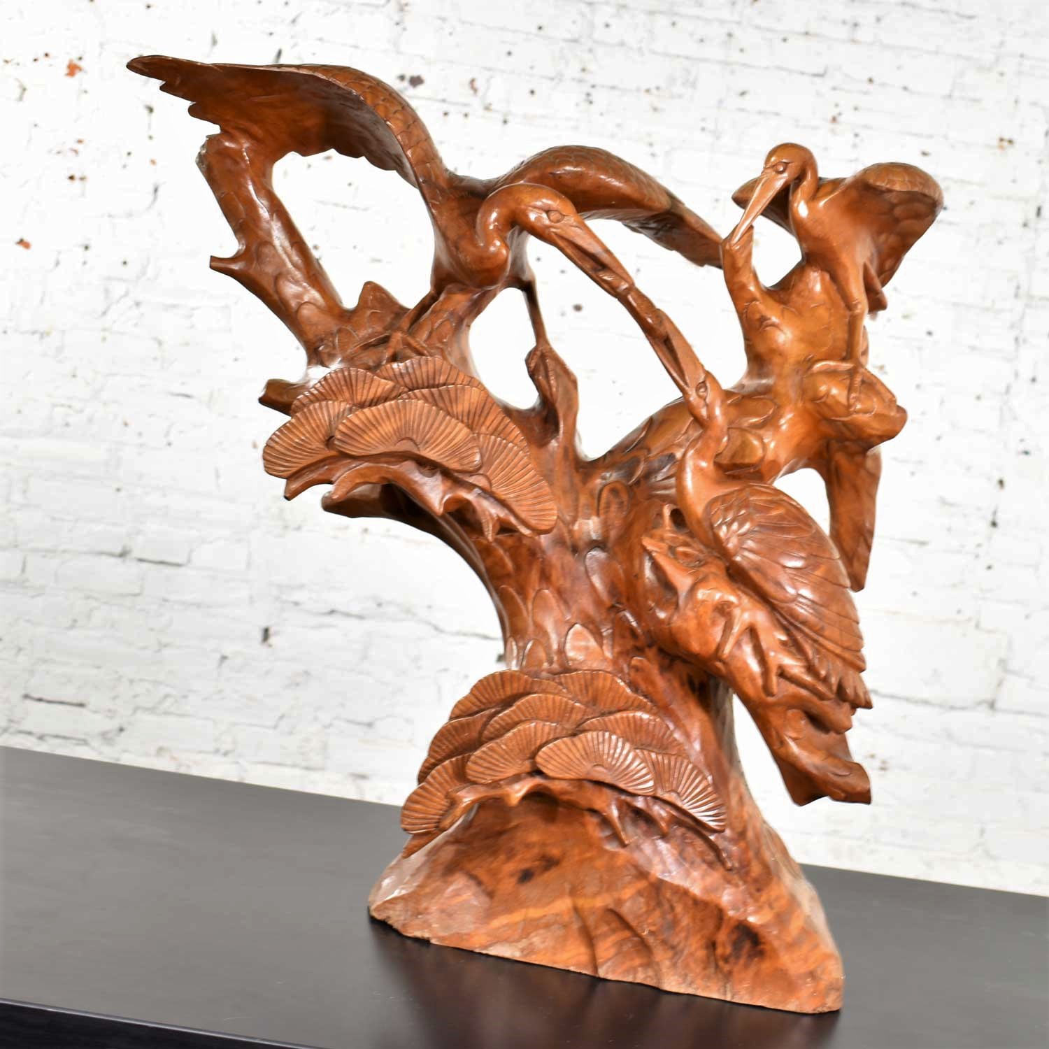 Large Hand Carved Teak Asian Sculpture of a Trio of Cranes on a Ginkgo Tree