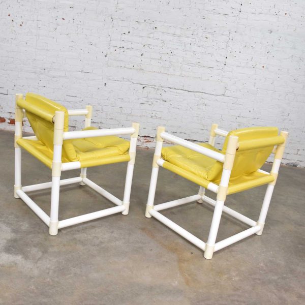 Pair MCM Outdoor PVC Side Chairs Yellow Vinyl Upholstery by Decorion Fun Furnishings