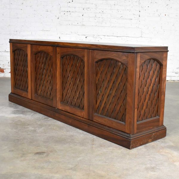 Mid Century Walnut Semi-Distressed Diamond Lattice Credenza Shallow Depth