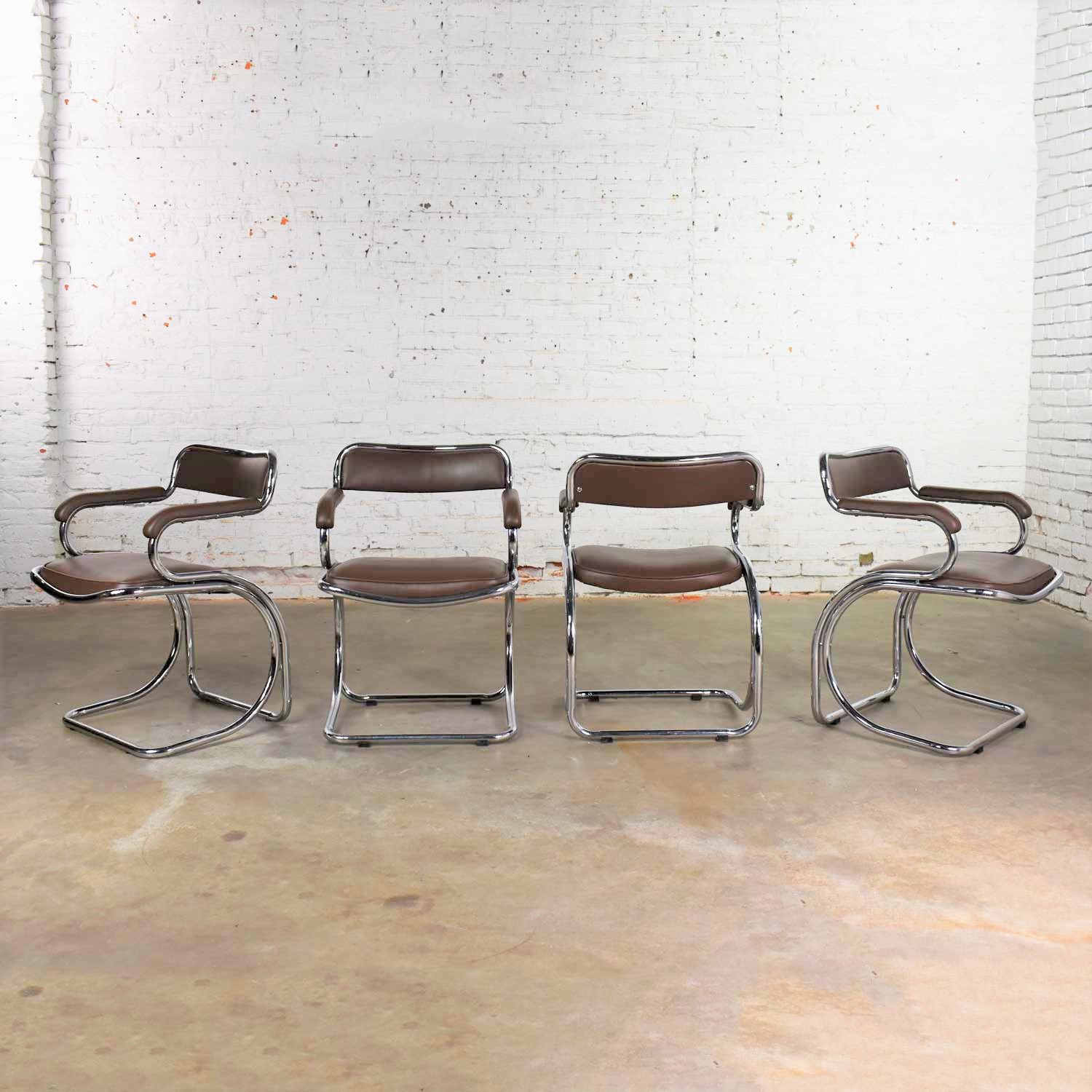 Set of 4 Chrome Cantilever Armed Chairs with Brown Faux Leather Style of Gastone Rinaldi